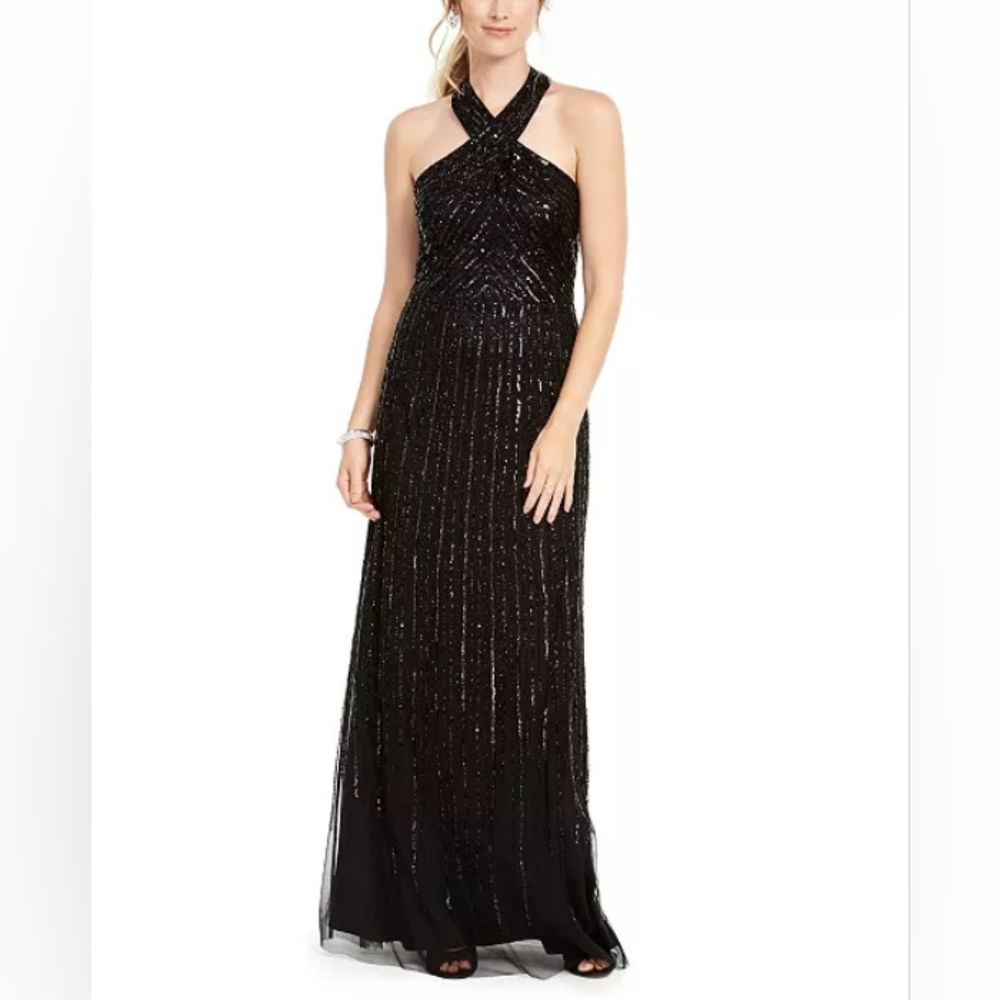 Adrianna Papell Halter Beaded Black Gown